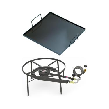 Imagem de Kit Camping 6 - Fogareiro Fogão F2b10 Redondo 40cm Duplo De Mesa + Chapa Bifeteira 32cm - Progás