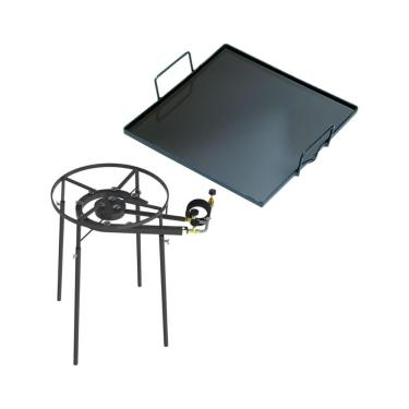 Imagem de Kit Camping 9 - Fogareiro Fogão F2b10p Redondo 40cm Duplo De Pé + Chapa Bifeteira 32cm - Progás