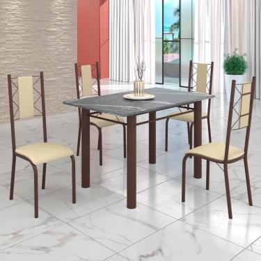 Imagem de Conjunto Sala De Jantar Mesa Tubo 120x75cm Tampo Pedra Granito Topázio C-4 Cadeiras Creme-marrom