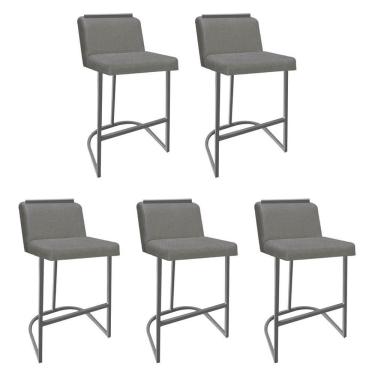 Imagem de Kit 05 Banquetas Com Encosto Nynna Luxo Confort Bistrô Cozinha Ferro Cinza Linho Cinza - Amey Decor