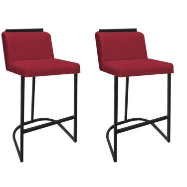 Imagem de Kit 02 Banquetas Com Encosto Confort Bistrô Cozinha Ferro Preto Sintético Vermelho Amey Decor