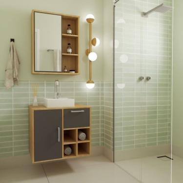 Imagem de Gabinete De Banheiro Suspenso 68cm Com Balcão 1 Porta 1 Gaveta E Espelheira Com Cuba Br Mel-grafite