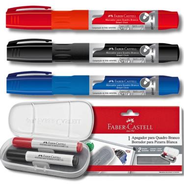Imagem de Kit 3 Marcadores Quadro Branco + Apagador Faber-castell Azul, Preto E Vermelho