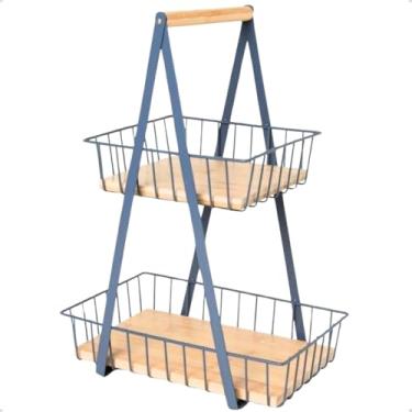 Imagem de Fruteira de Mesa Aramada Organizador Frutas Cesto Duplo 2 Andares (Azul)