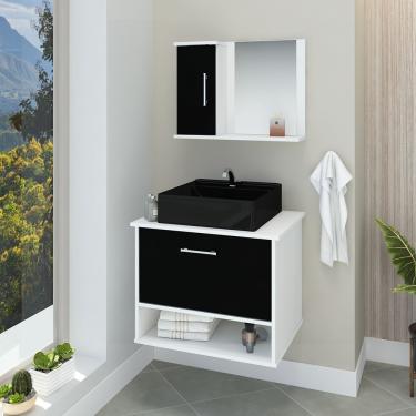 Imagem de Conjunto Gabinete Banheiro Superior E Inferior 2 Portas 1 Nicho Malibu - Preto - Com Cuba Preta - Preto