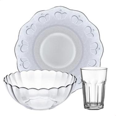 Imagem de Aparelho de Jantar Jogo de Pratos Fundos Copos Vidro Saladeira 13 Peça