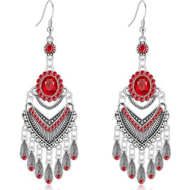 Imagem de Ricarmo Brincos femininos boêmios, vintage, vazado, lustre vazado, pingente, gota, cristal, esmaltado, franja, gancho, para mulheres, 2.44inch, Metal, Sem pedra preciosa