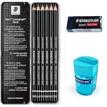 Imagem de Lápis de grafite de madeira Staedtler Mars Lumograph Black Artist – Caixa com 6 (8B 7B 6B 4B 2B HB) em caixa de metal – com afiador de 2 furos e borracha grátis