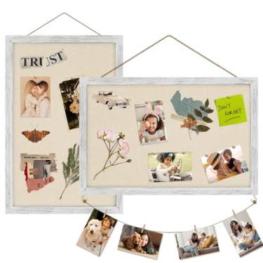 Imagem de Egofine Quadro de avisos de cortiça com linho, quadro de madeira de 40,6 x 38,5 cm, decoração de parede, 2 pacotes de placas de cortiça para paredes, pendurar horizontal ou verticalmente para