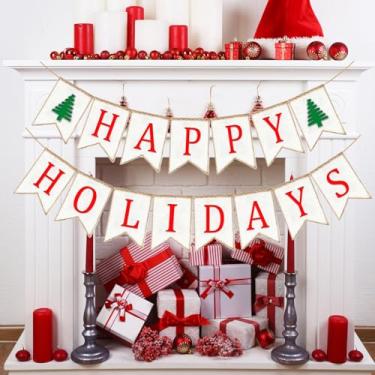 Imagem de Doumeny Faixa de serapilheira Happy Holidays Banner de serapilheira de Natal com árvore Feltro Feliz Natal Bunting Garland Winter Xmas Holiday Party Banner Be Merry Bunting Guirlanda para decoração de