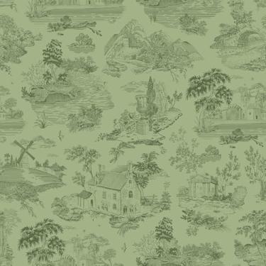 Imagem de VEELIKE Papel de parede verde francês campestre higiênico destacar e colar vintage cenas serenas papel de parede para quarto banheiro 48 cm x 900 cm papel de parede chinês removível pré-colado papel