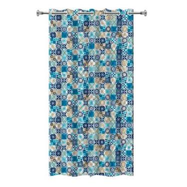 Imagem de Cortina Decorativa Estampada Azulejo Português, 1 Peça, Azul e Bege, Estilo Mosaico