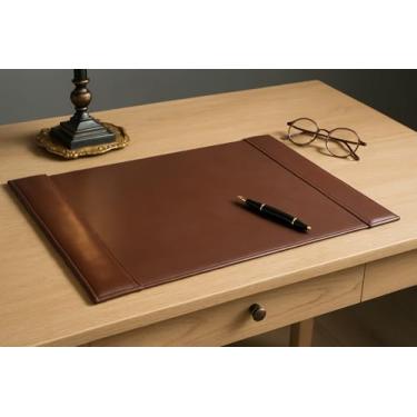Imagem de DACASSO 76 x 45 cm, almofada de mesa de couro marrom com trilhos laterais - Borrão de mesa de couro de luxo para escrever
