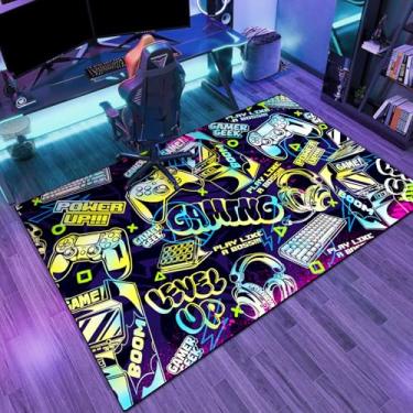 Imagem de Lacut Tapete de área de jogos, tapete de videogame moderno de graffiti colorido, design de controle de jogo antiderrapante de veludo para sala de jogos, sala de jogos de meninos e meninas, sala de