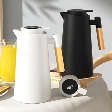 Imagem de Kit 02 Garrafa Térmica de água 1 Litro Com Termômetro Led Para Chás/Café Design Moderno Cabo De Madeira