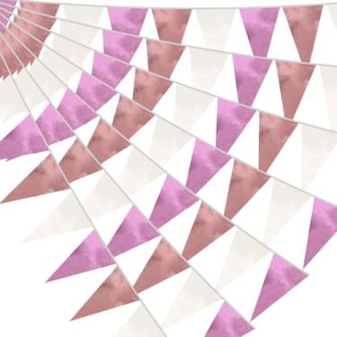 Imagem de 20 m/65 pés rosa-dourado triângulo rosa bandeira bandeira tecido metálico estampar guirlanda para Natal, formatura, casamento, noivado, aniversário, despedida de solteira, chá de panela, artigos para