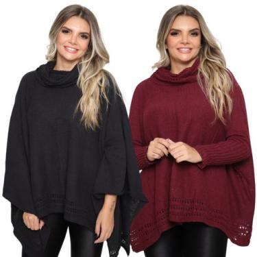Imagem de Kit 2 Poncho Feminino Tricot Mousse Liso Gola Alta Casaco Lã - Rosilen