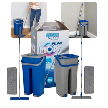 Imagem de Mop Flat com Balde Lava e Seca, 5L, Kit com 2 Refis de Microfibra Lavavel, Cabo Inox 120cm, Base Flexive l360° 32cm, Azul e Cinza, Limpeza de Pisos, Cantos e Debaixo de Móveis