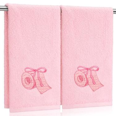 Imagem de SmoothNovelty 2 peças de toalhas de mão com laço de papel higiênico rosa decoração de banheiro 35 x 73 cm bordadas 100% algodão macio absorvente primavera verão toalhas de mão decorativas para