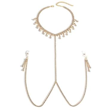 Imagem de Sutiã sexy com corrente de mamilo, strass, berloque, borla, gargantilha para mulheres, sem piercing ajustável, anel falso para mamilo, boate, biquíni, festival, festa rave, lingerie no peito, joias