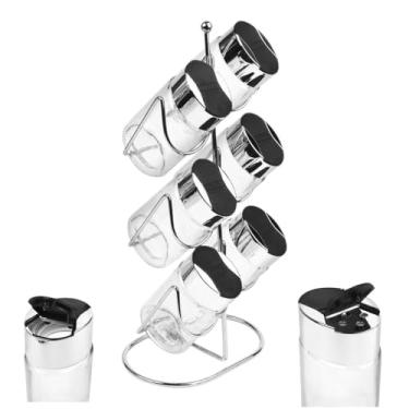 Imagem de Porta Temperos com 6 Potes de Vidro, Tampa Flip de Plástico, Suporte de Metal Cromado, Com Dosador, Fácil Limpeza