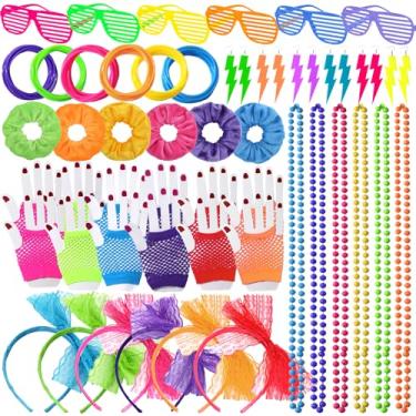 Imagem de YAROMO Conjunto De Acessórios Para Fantasias Dos Anos 80, 108 Peças, Faixa Cabeça Renda, Brinco, Colar, Luvas Rede Pesca, Pulseira Neon Festa Halloween, Roupa Feminina