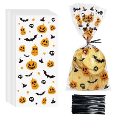 Imagem de Sacos de guloseimas de celofane de Halloween, 120 peças de plástico transparente para doces com laços torcidos para lembrancinhas de festa de doces ou travessuras, 120 x 28 centímetros
