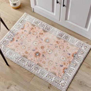 Imagem de ESSMOKO Tapetes tapete turquesa persa para casa, sala de estar, quarto, mesinha de cabeceira, lavável à máquina, vários tamanhos, flores rosa retro, 40 x 60 cm