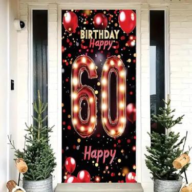Imagem de Saoplasa Decoração de porta de aniversário de 60 anos 71 x 35 polegadas Bandeira de luz de balão vermelho e dourado para festa de 60 anos, decoração de parede para mulheres e homens