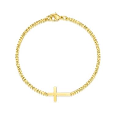 Imagem de Qeces Pulseiras de ouro para mulheres, pulseiras de ouro 14 quilates para mulheres, pulseira cruzada minimalista, colisão para tensão moderna, pulseira de elos cristãos cubanos para mulheres, One Size