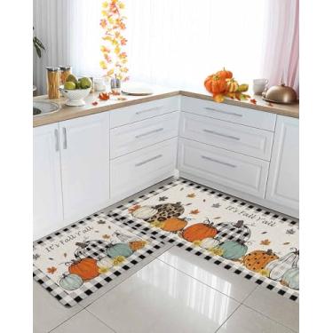 Imagem de Conjunto de 2 tapetes de cozinha de outono com 2 tapetes e tapetes de cozinha antiderrapantes para lavatório, folhas de bordo, girassol, preto, xadrez, tapete decorativo de Ação de Graças, tapete