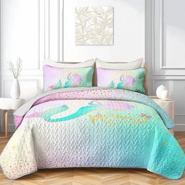 Imagem de AILONEN Conjunto de colchas de sereia fofas para crianças, tamanho solteiro, colcha acolchoada para decoração de quarto de meninas, 3 peças, 1 colcha, 2 fronhas