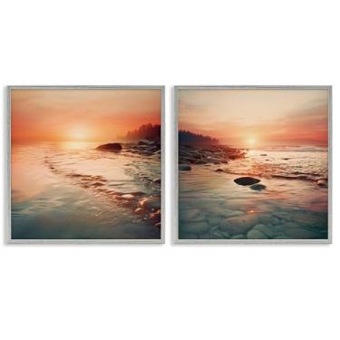 Imagem de Stupell Industries Conjunto de arte giclée emoldurado cinza com melodias quentes do pôr do sol 2 peças por Lazar Studio, 12 x 12