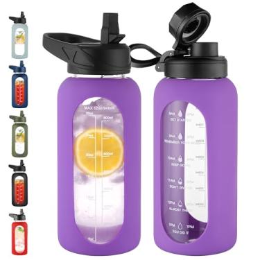Imagem de CIVAGO Garrafa de água de vidro de 946 ml com canudo e alça, grande garrafa de água motivacional esportiva com marcador de tempo e 2 tampas, jarro de água à prova de vazamento com manga de silicone