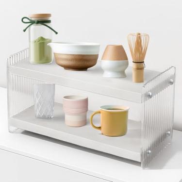 Imagem de GIFY Conjunto de estação Matcha – Armazenamento de bancada de madeira acrílica de 2 camadas para bancadas de cozinha, canecas, saquinhos de chá, prateleira de acessórios de café para economia de