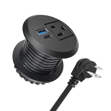 Imagem de Ilhós de energia de mesa de 5 cm com USB-C de 20 W, tomada de mesa embutida de carga rápida para móveis de mesa de cabeceira de bancada de conferência, cabo de extensão de 1,8 m, plugue plano de 45°
