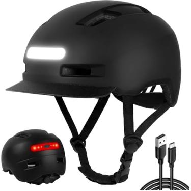 Imagem de Shinmax Capacete de bicicleta para adultos, homens e mulheres, capacete de bicicleta com luz LED recarregável por USB frontal e traseira, capacete de ciclismo ajustável confortável com viseira