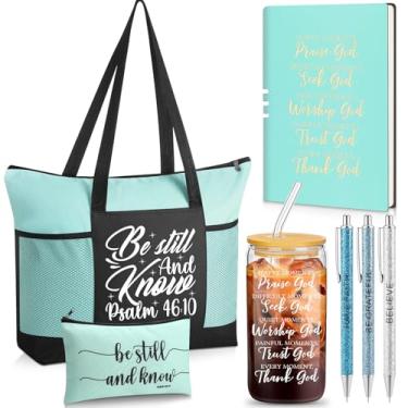 Imagem de Shinylin Conjunto de 7 peças de presente cristão para mulheres, presentes inspiradores com copo de vidro, bolsa de maquiagem, caneta para notebook (verde)