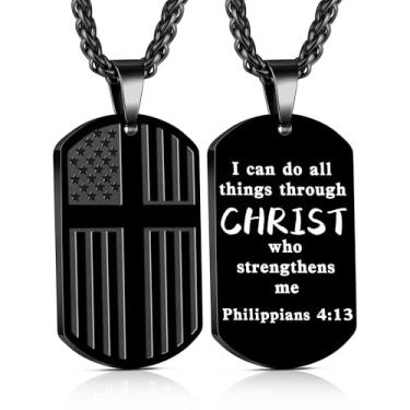 Imagem de Yanxyad Cruz etiqueta de cão bandeira americana versículo bíblia colar de aço inoxidável corrente pingente militar joias religiosas presentes para homens adolescentes 55 + 5 centímetros, Medium, Aço