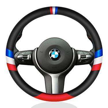 Imagem de YANDA Volante de carro protetor esportivo Cove couro antiderrapante 38 cm conjunto universal compatível com cor M para design BMW de três cores