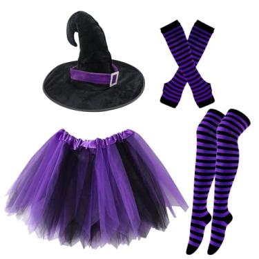 Imagem de Fantasia feminina de bruxa de Halloween 2025, chapéu de bruxa, tutu em camadas curtas e meias listradas, conjunto de luvas para meninas adolescentes (preto e roxo)