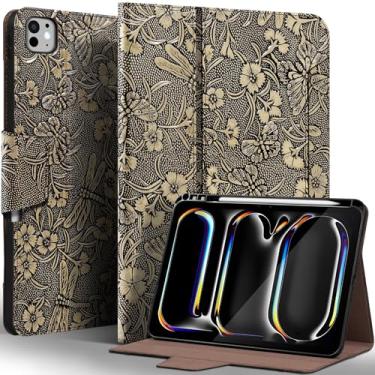 Imagem de Gexmil Capa de couro genuíno para iPad Pro 13 polegadas M4 2024 com suporte para lápis, fecho magnético, capa protetora à prova de choque de couro inteligente, suporte ajustável, hibernar/despertar