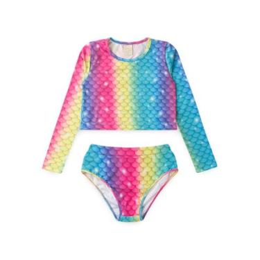 Imagem de Conjunto Biquíni Infantil Menina Rosa Cropped Manga Longa e Calcinha S