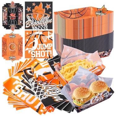 Imagem de Conjunto de 150 peças para servir comida de basquete – 100 folhas de papel encerado + 50 bandejas de comida descartáveis – Bandejas de lanche com tema esportivo e embalagens à prova de gordura para