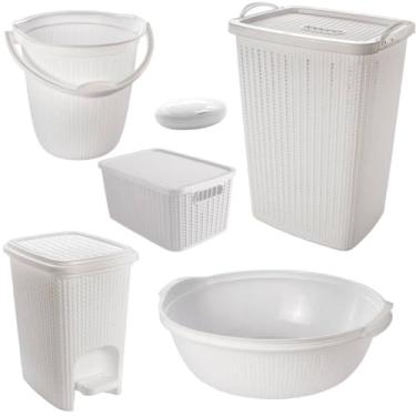 Imagem de Kit 6 Peças Bebê Trama Plasútil Bacia Balde Lixeira Cesto de roupa infantil (Branco)