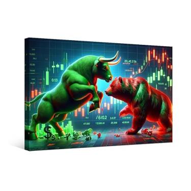Imagem de LSIUHWUWI 1 painel de decoração de parede Bull and Bear Financial Market Wall Art para sala de estar escritório decoração de parede impressão em tela emoldurada pronta para pendurar 50 x 71 cm