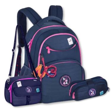 Imagem de Mochila Luluca C Lancheira E Estojo Kit Escolar Moderno Azul