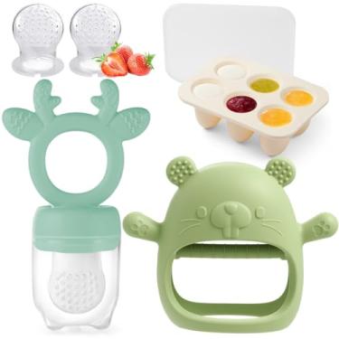 Imagem de Alimentador de frutas para bebês com molde de picolé, brinquedos de dentição fofos mordedores de silicone para bebês de 3 a 12 meses para presente de alimentação do bebê (verde)