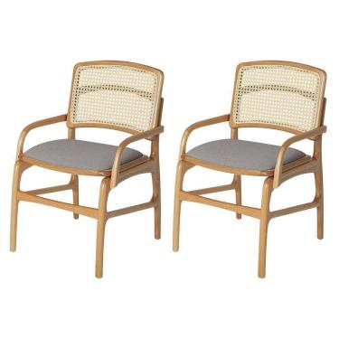 Imagem de Jogo 2 Cadeiras Para Jantar Florença Em Madeira Jequitibá Natural Braço Encosto Palha Linho Cinza