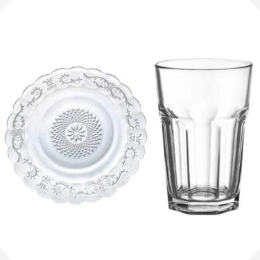 Imagem de Jogo De 12 Pratos Fundo De Vidro + 06 Copos Resistentes - Ladiv Comerc